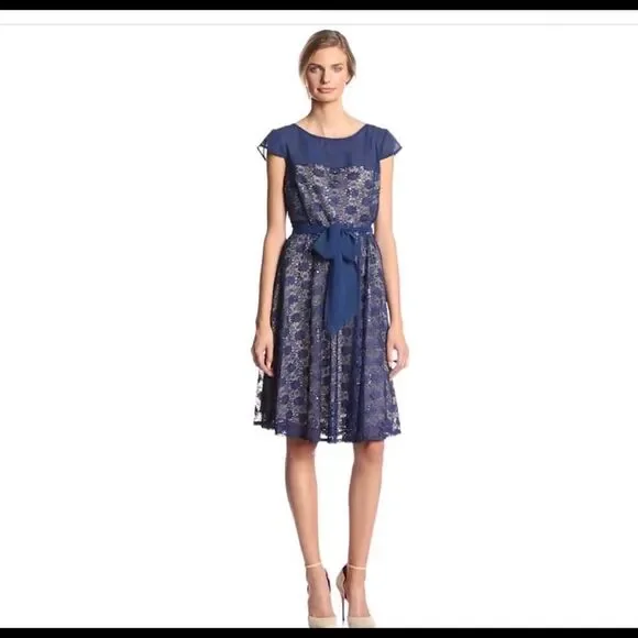 Julian Taylor Short Sleeve Sequin Lace Fit And Flare Dress - Picture 1 of 15